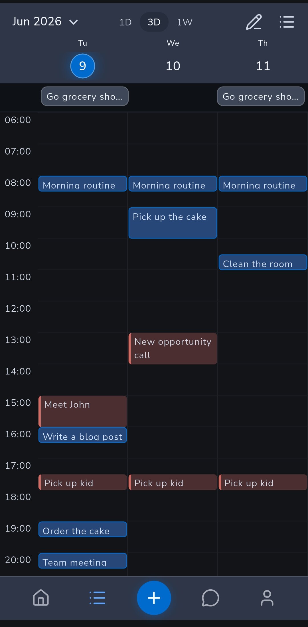 Recordo calendar planning view showing a 3-day plan with ADHD tasks and read-only Google Calendar events side by side