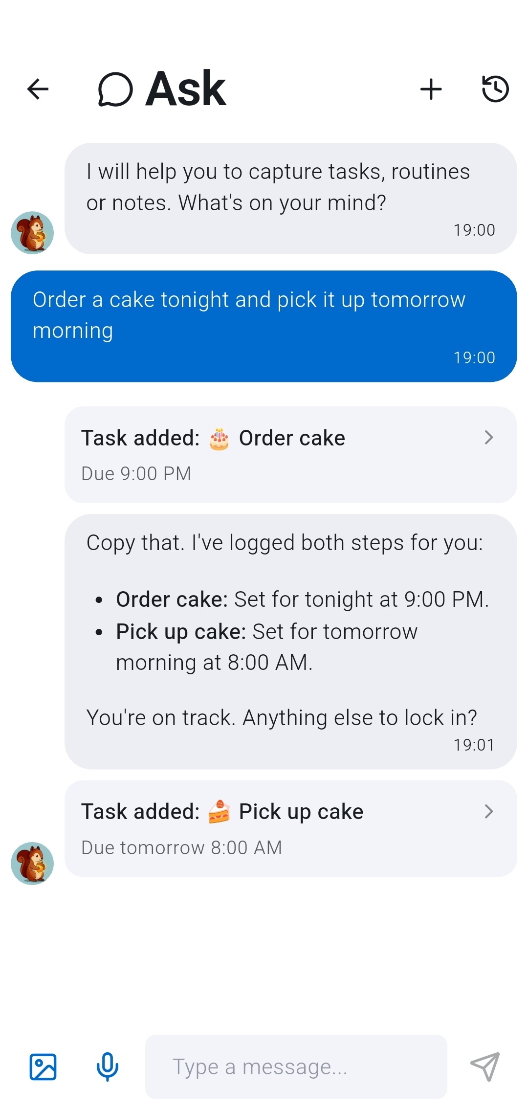 Recordo AI chat screen showing a user message Order a cake tonight and pick it up tomorrow morning, with the AI creating two separate tasks with correct due dates - demonstrating capture-first workflow where messy input becomes organized tasks automatically