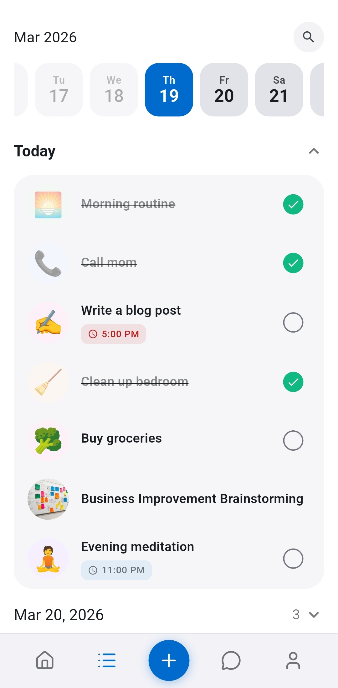 Recordo entries list screen showing a calendar date carousel at the top and a day view below with tasks like Morning routine completed, Write blog post due 17:00, Clean bedroom completed, Buy groceries, and Evening meditation - a full daily planner with completion checkmarks