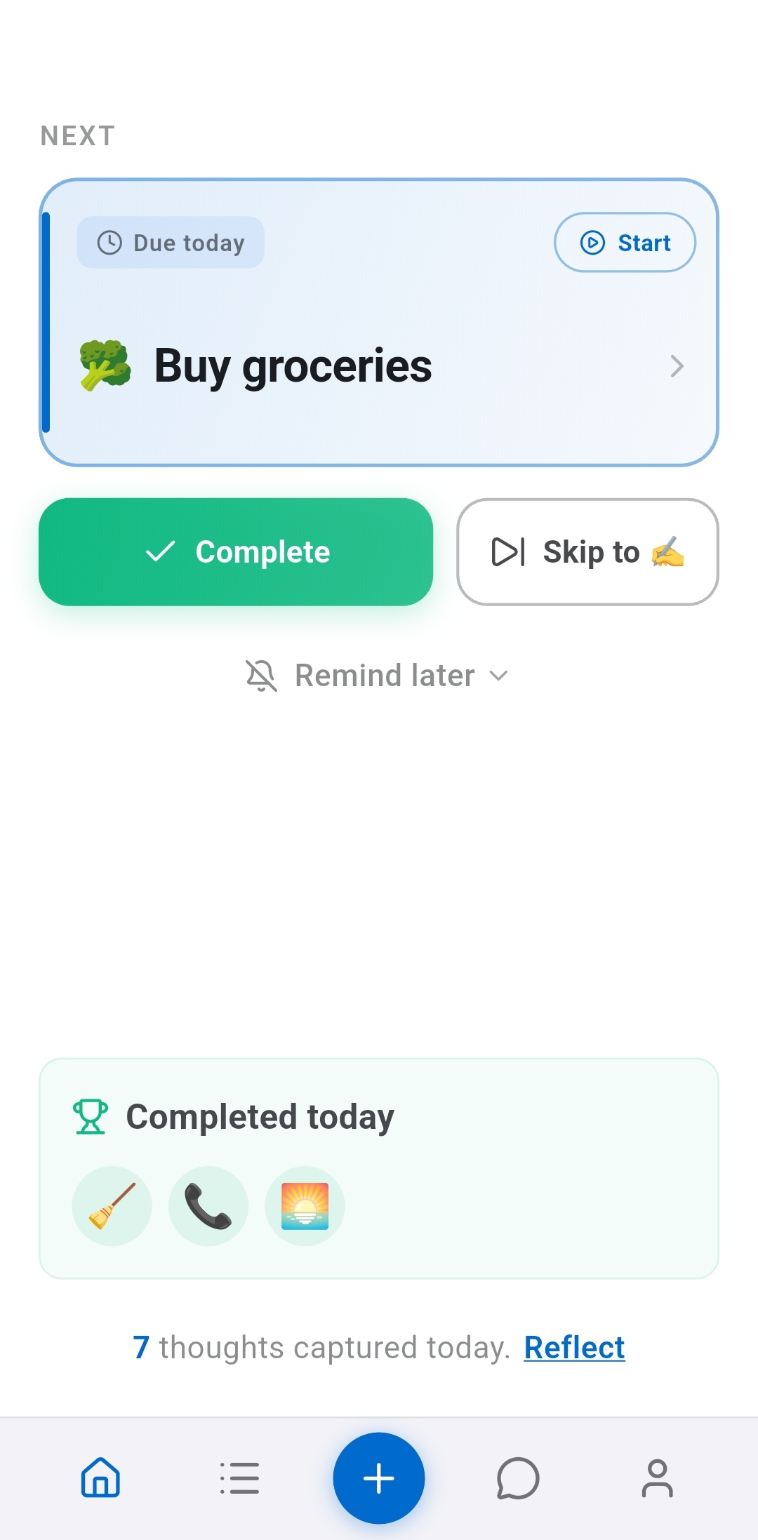 Recordo ADHD app home screen showing the Next Task card with due time and Focus button, Complete and Skip actions, a Completed Today section with emoji icons of finished tasks, and a thought count at the bottom - the full ADHD command center in one view