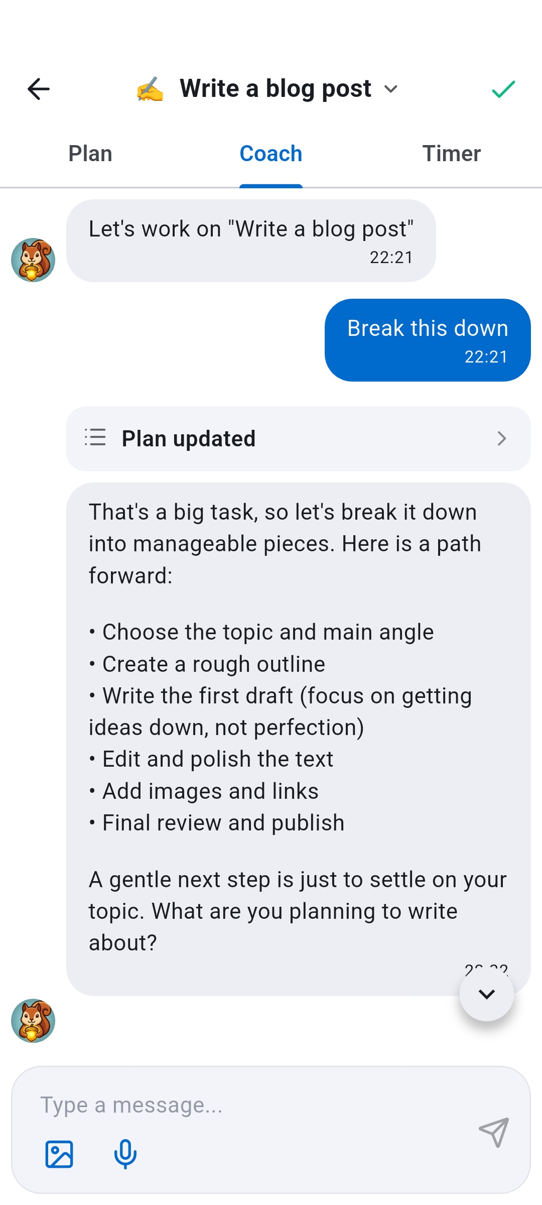 Recordo Momentum Mode Coach tab showing an AI chat that breaks Write a blog post into an actionable checklist with Plan, Coach, and Timer tabs visible, going beyond a static planner into guided execution